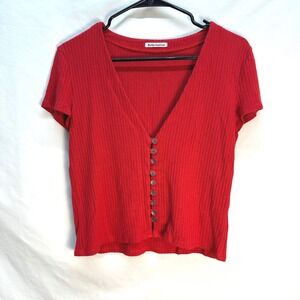 Reformation Nella Red Ribbed Button Front Top Shirt XL V Neck Short Sleeve